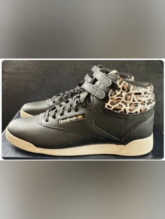 Reebok Shoes - Reebok Freestyle Junior Hi High Top Sneakers Black With Cheetah/Leopard Print